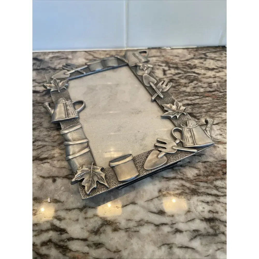 Vintage Pewter Picture Frame Gardening Tools Leaves 4 x 6 Photo Cottage Core